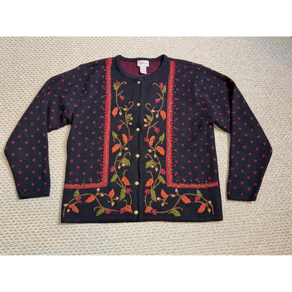 Crystal Kobe fall Embroidered Floral Cardigan Sweater Gold Buttons thanksgiving